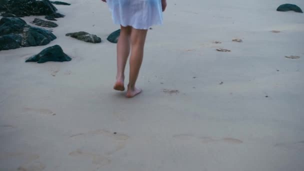 Ένα μοναχικό κορίτσι σε καπέλο είναι το περπάτημα κατά μήκος της ακτογραμμής του νησιού. Τροπικός Παράδεισος παραλία στην Ανατολή του ηλίου — Αρχείο Βίντεο
