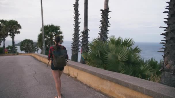 女性旅行者欣赏海景, 并在海滩上使用智能手机拍照 — 图库视频影像