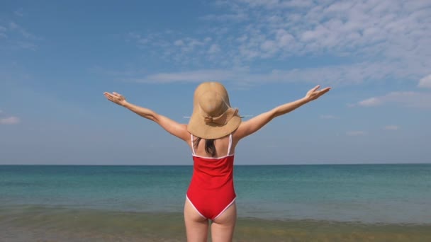 Toeristische vrouw in rode zwembroek en hoed verwelkomt vliegtuig voor reizen. Hallo vakantie concept — Stockvideo