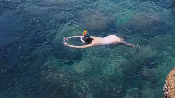 Jovem mulher snorkeling e fazendo vídeo de fotos subaquáticas com telefone celular em mar tropical — Vídeo de Stock