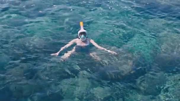 Девушка Ныряет Маской Голубой Тропической Воде Белых Купальниках — стоковое видео