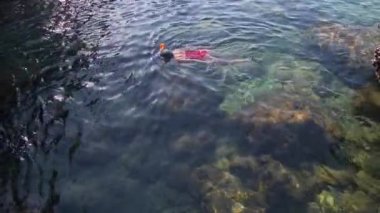 Genç kadın kırmızı mayo giyiyor mavi tropikal su içinde şnorkel