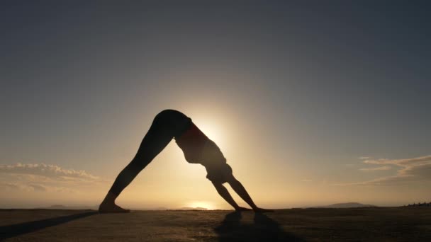 Silueta ženy dělají exersice fitness jógu na pláži moře v sunrise — Stock video