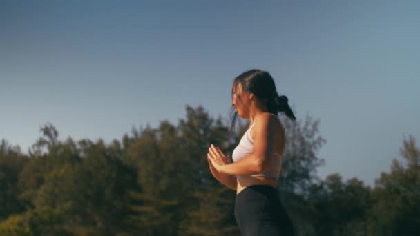 Азиатка практикует йогу фитнес-упражнения на пляже. Здоровый образ жизни — стоковое видео