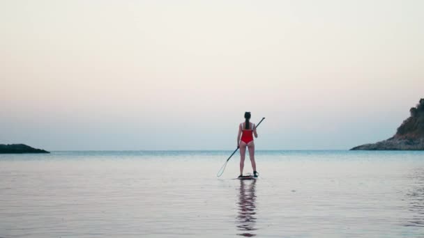 在日落时, 身穿红色泳衣的妇女在海湾上站起立划桨板 — 图库视频影像