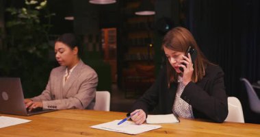 İş kadını belgeleri dikkatlice inceler ve önemli anlaşmaların şartlarını görüşmek için telefonda konuşur. Sekreter modern dizüstü bilgisayarda özenle yazar