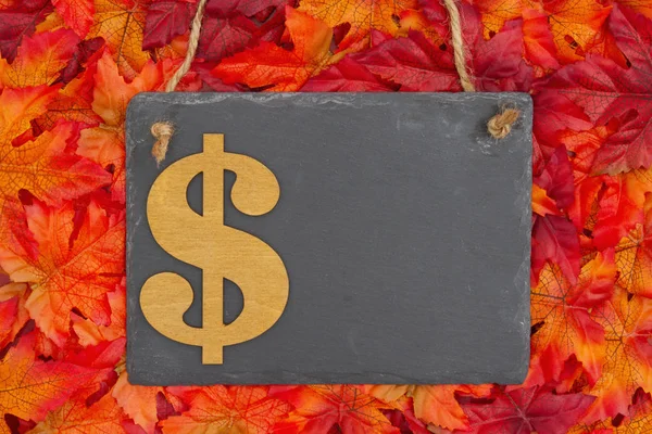 Rabais Automne Avec Tableau Avec Signe Dollar Feuilles Automne Avec — Photo