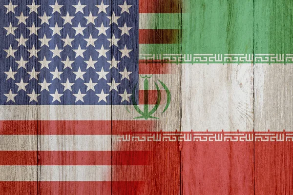 Relationship Usa Iran Flags Usa Iran Merged Weathered Wood — Stock Photo, Image