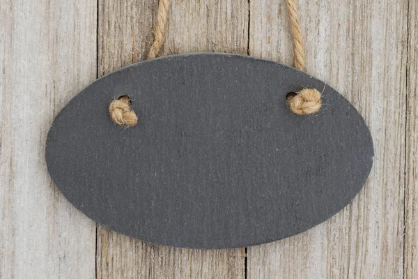 Hanging Oval Chalkboard Weathered Wood Wall Copy Space Your Message — Stock Photo, Image