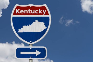 Yolculuğa Kentucky, kırmızı, beyaz ve mavi eyaletler arası otoban yol levhası word Kentucky ile ve gökyüzü arka plan ile Kentucky Haritası