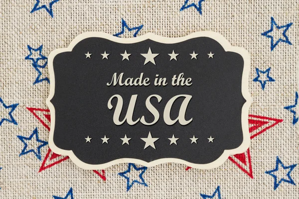 Made Usa Text Chalkboard Patriotic Usa Red Blue Stars Burlap — Stock Photo, Image