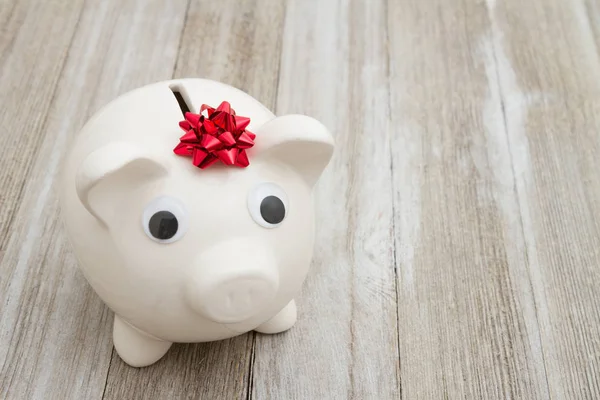 Your Savings Piggy Bank Red Bow Weathered Wood — Stock Photo, Image