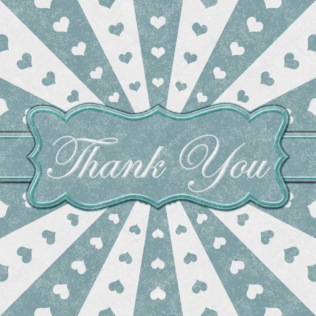 Thank You message on a ribbon with with teal hearts with red and white burst lines