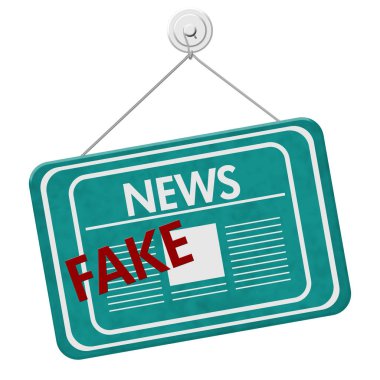 Sahte haber işareti, metin haber sahte ve gazete simgesi beyaz bitti izole işareti asılı bir deniz mavisi