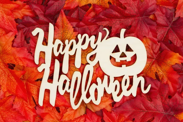 Happy Halloween Pozdrowienie Kilka Liści Jesienią Drewna Znak Tekstem Happy — Zdjęcie stockowe