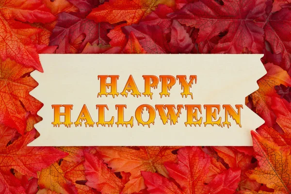 Happy Halloween Greeting Some Fall Leaves Wood Sign Text Happy — Stock Photo, Image
