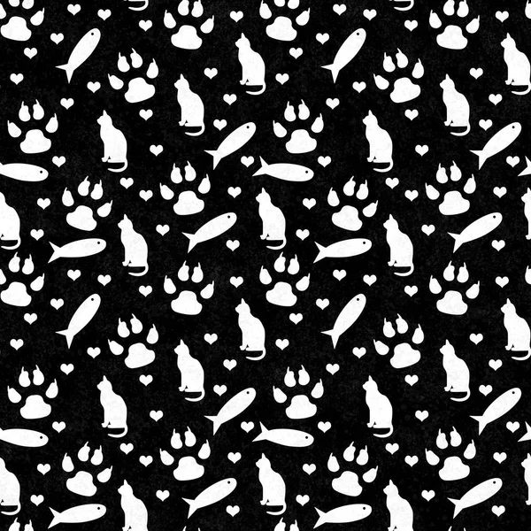 Black and white cat,  paw prints, fish, and hearts seamless and repeat pattern background with texture