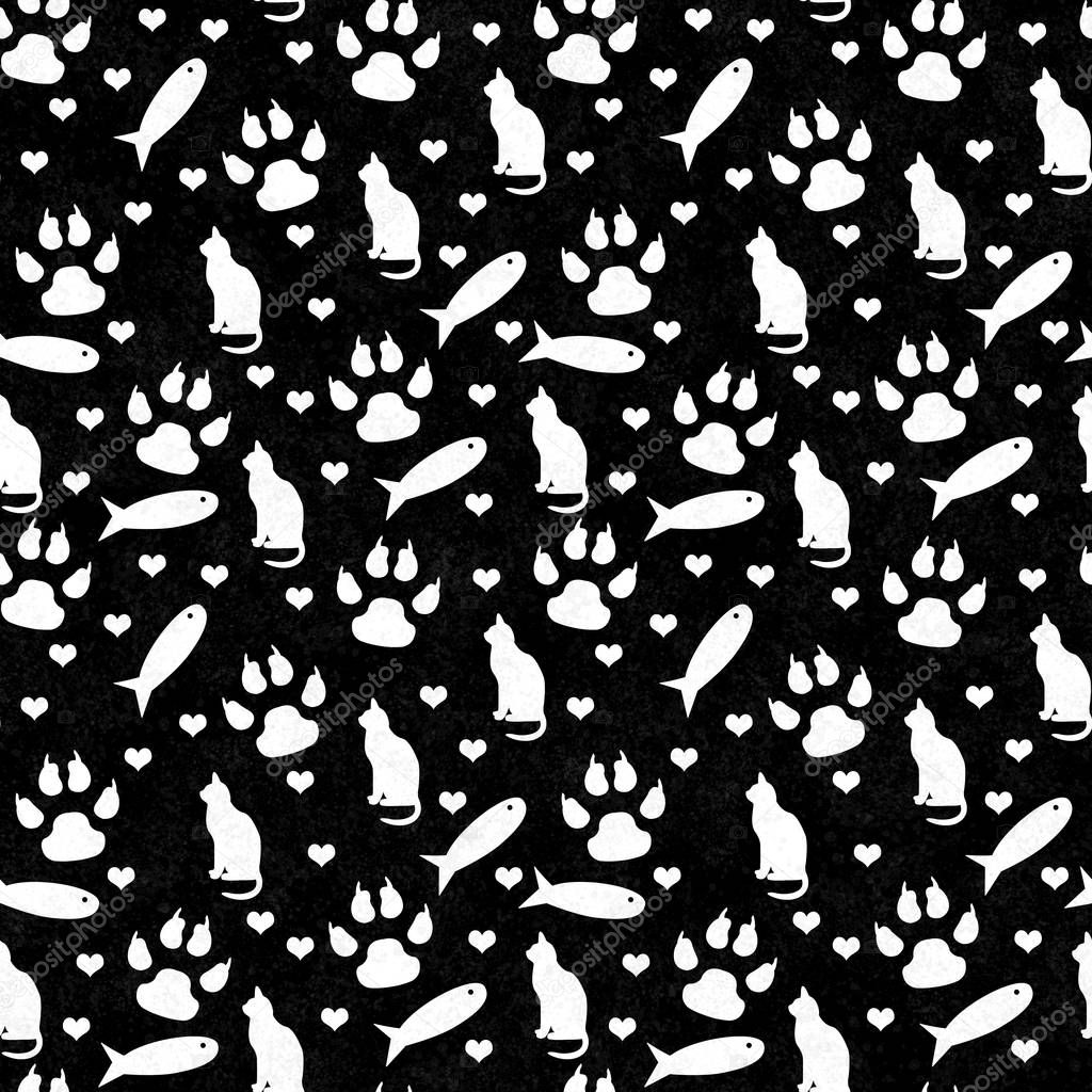 Black and white cat,  paw prints, fish, and hearts seamless and repeat pattern background with texture