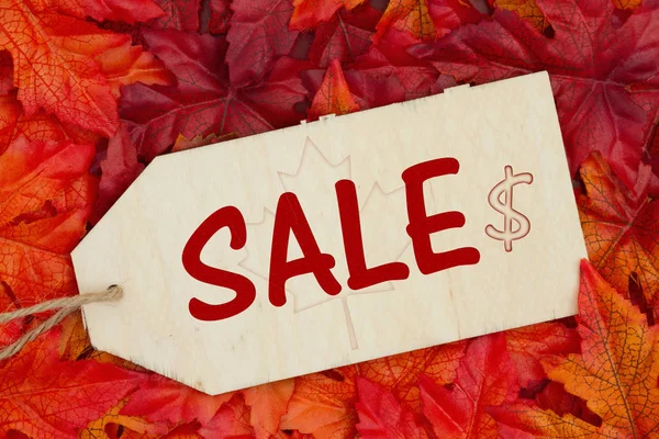 秋季销售信息 一些秋叶和木制礼品标签与文字销售 — 图库照片