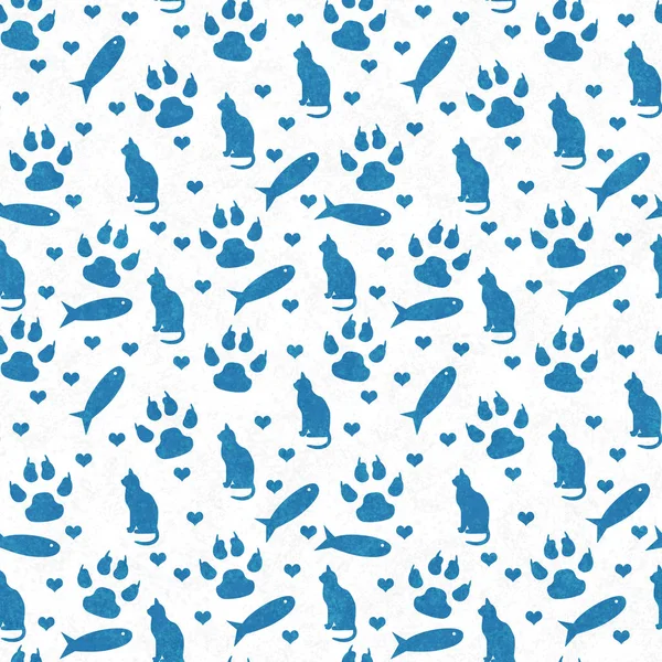 Blue White Cat Paw Prints Fish Hearts Seamless Repeat Pattern — Stock Photo, Image