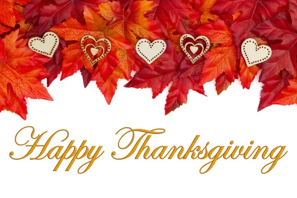 Happy Thanksgiving Greeting Red Orange Fall Leaves Wood Hearts White — Stock Photo, Image