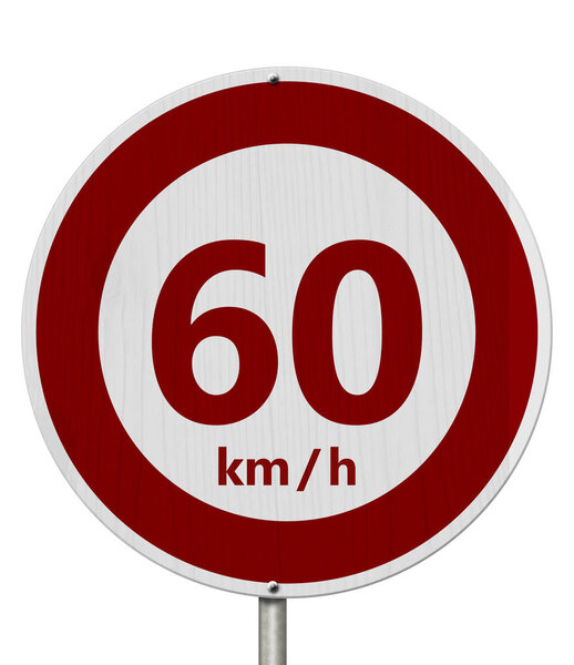 Red and white 60 km speed limit European style sign isolated over white