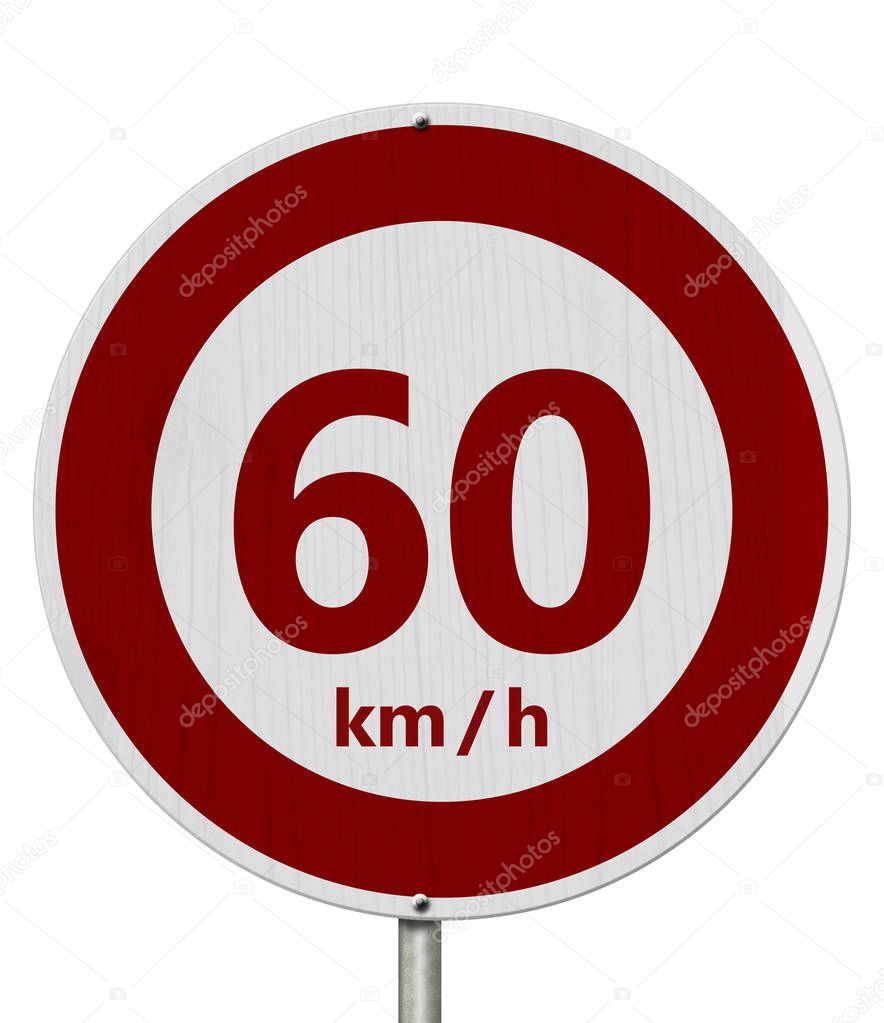Red and white 60 km speed limit European style sign isolated over white