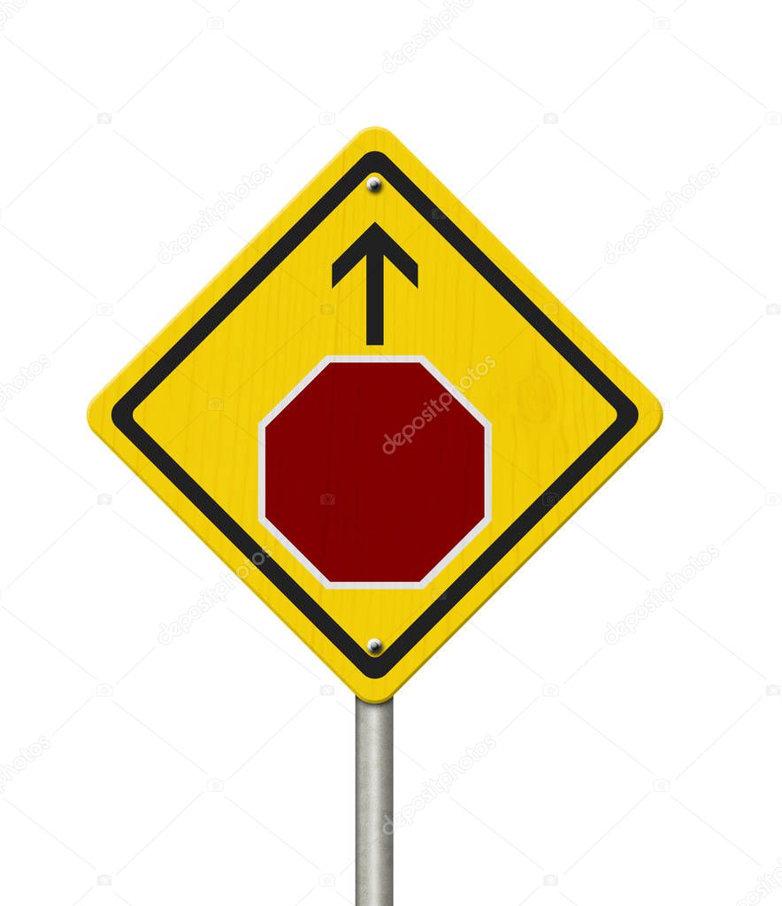 Stop sign ahead warning Sign, Icon of a stop sign with and arrow on a yellow highway sign isolated over white