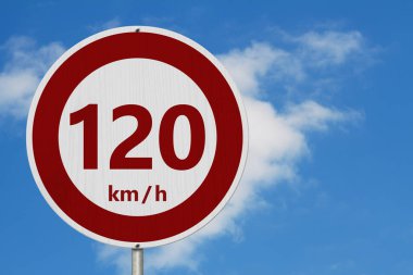 Red and white 120 km speed limit European style sign with sky background clipart