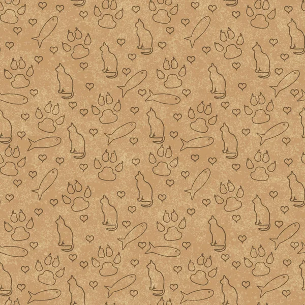 Brown Cat Paw Prints Fish Hearts Seamless Repeat Pattern Background — Stock Photo, Image