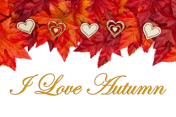 Amo Outono Com Folhas Vermelhas Laranja Queda Corações Madeira Sobre — Fotografia de Stock