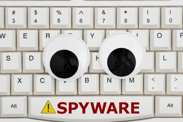 Beware Spyware Internet Close Keyboard Large Set Googly Eyes Text — Stock Photo, Image
