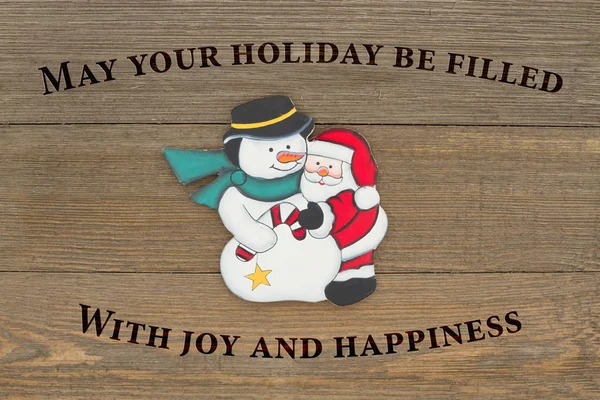 Old Fashion Christmas Message Retro Snowman Santa Claus Hugging Weathered — Stock Photo, Image
