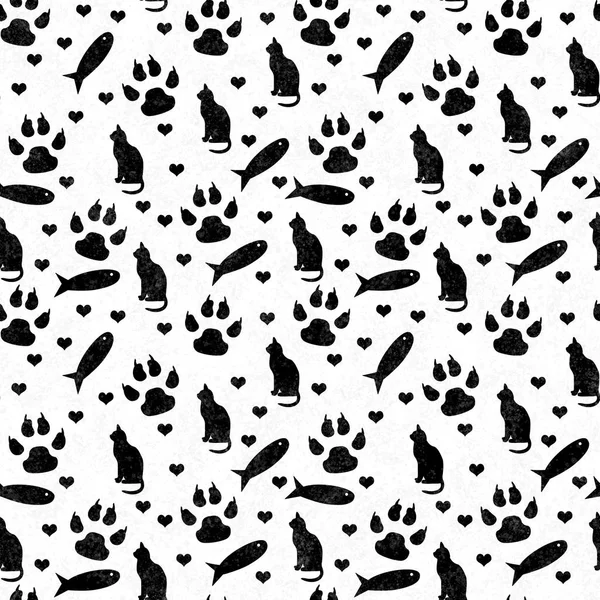 Black White Cat Paw Prints Fish Hearts Seamless Repeat Pattern — Stock Photo, Image
