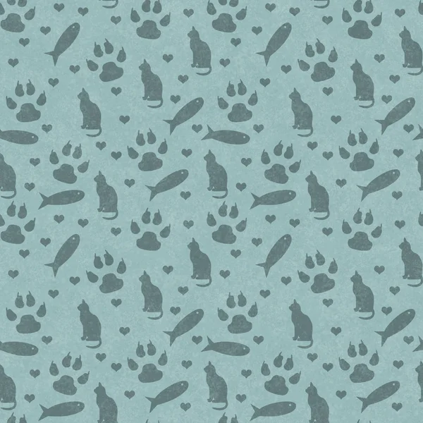 Teal Cat Paw Prints Fish Hearts Seamless Repeat Pattern Background — Stock Photo, Image