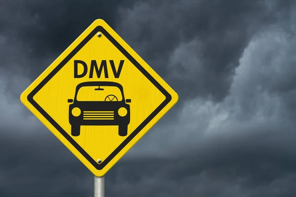 Visit to the DMV Highway Warning Sign, Icon of a car and text DMV on a yellow highway sign with stormy sky background