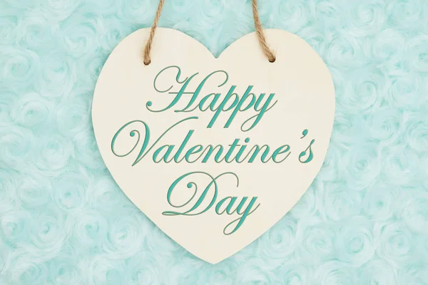 Happy Valentine Day Message Wood Heart Shaped Plaque Pale Teal — Stock Photo, Image