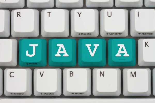 Computer coding with Java, A close-up of a keyboard with teal highlighted text Java