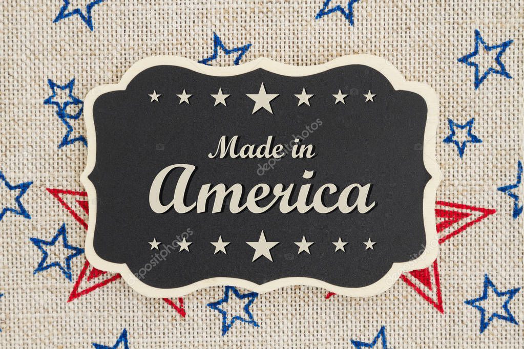 Made America Text Chalkboard Patriotic Usa Red Blue Stars Burlap.