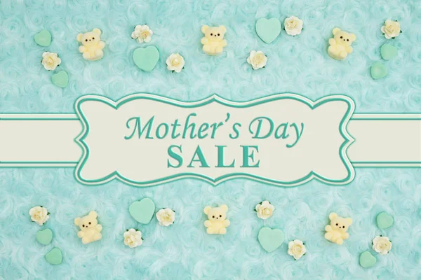 Mother Day Sale Message Teal Candy Hearts Teddy Bears Rose — Stock Photo, Image