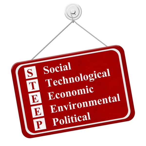 陡峭的标志 红色垂悬的标志与文本陡峭的社会技术经济环境政治隔绝在白色 — 图库照片