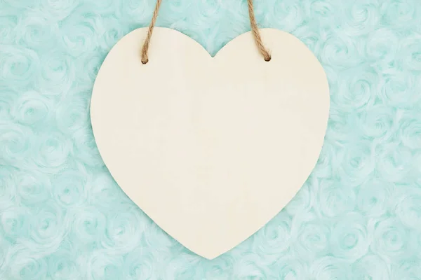 Pale Teal Rose Plush Fabric Background Wood Hanging Heart Provide — Φωτογραφία Αρχείου