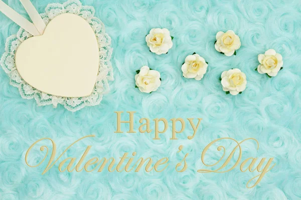 Happy Valentine Day Greeting Wood Heart Delicate Lace Rose Buds — Stock Photo, Image