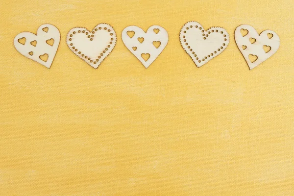 Wood Hearts Hand Painted Distressed Gold Background Copy Space Your — Stock Photo, Image