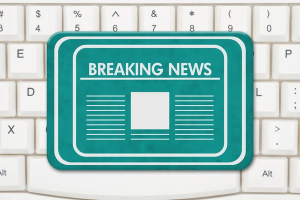 Breaking news sign, A teal sign with text Breaking News and newspaper icon on a keyboard