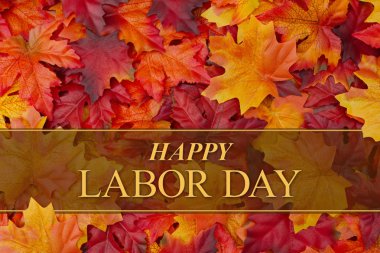 Mutlu işçi bayramı tebrik ile kırmızı ve turuncu sonbahar yaprakları