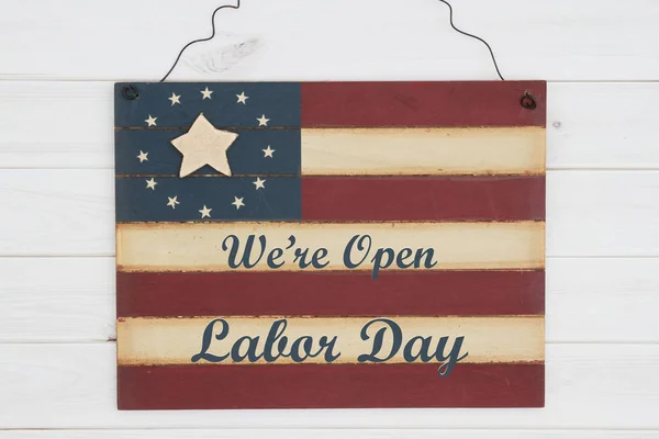 Open Labor Day Text Retro Wood American Stars Strip Flag — Stock Photo, Image
