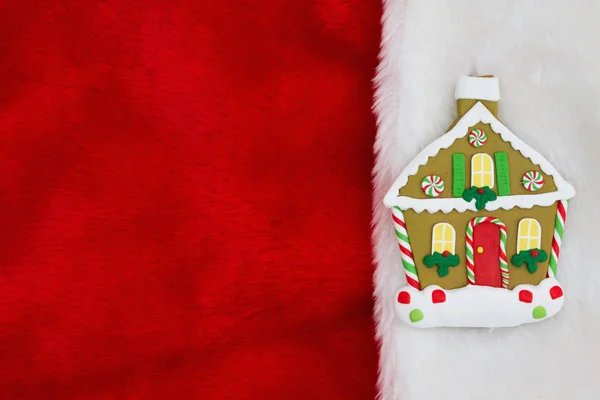 Christmas Gingerbread House Red White Plush Textured Fabric Background You — Stock Photo, Image