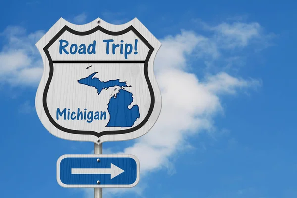 Michigan Οδικό Ταξίδι Στον Αυτοκινητόδρομο Σημάδι Μίτσιγκαν Χάρτη Και Κείμενο — Φωτογραφία Αρχείου