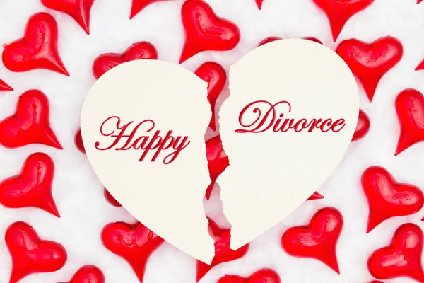 Happy Divorce Greeting Card Red Hearts White Plush Textured Fabric — Stock Photo, Image